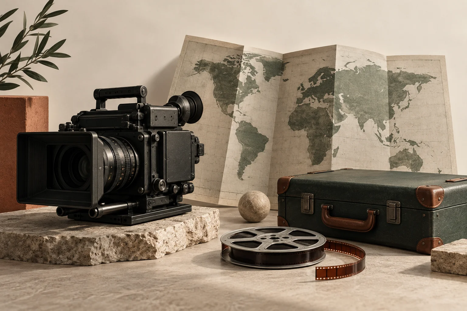 Cinema camera, world map, travel case and film reel