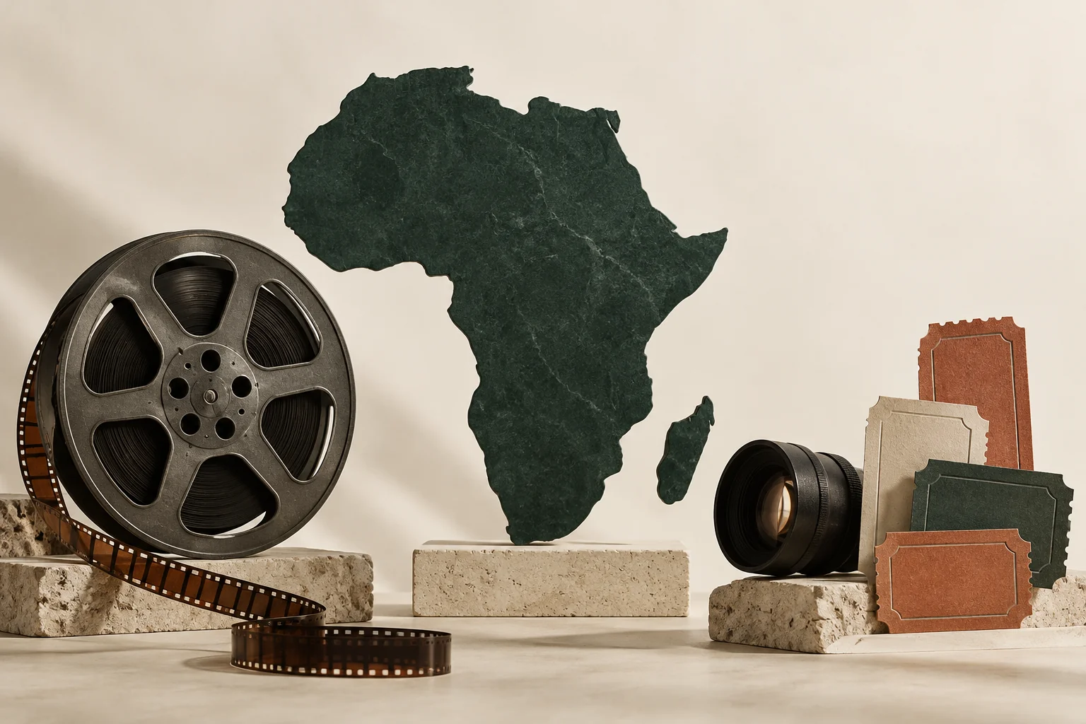 African continent silhouette, film reel, lens and cinema tickets