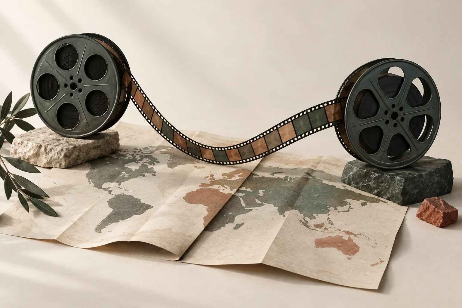 Two film reels connected across folded maps