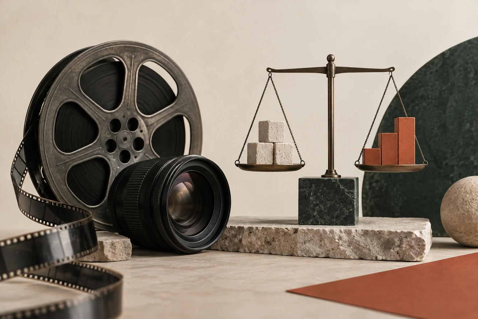 Film reel and a balance scale with stone and terracotta blocks