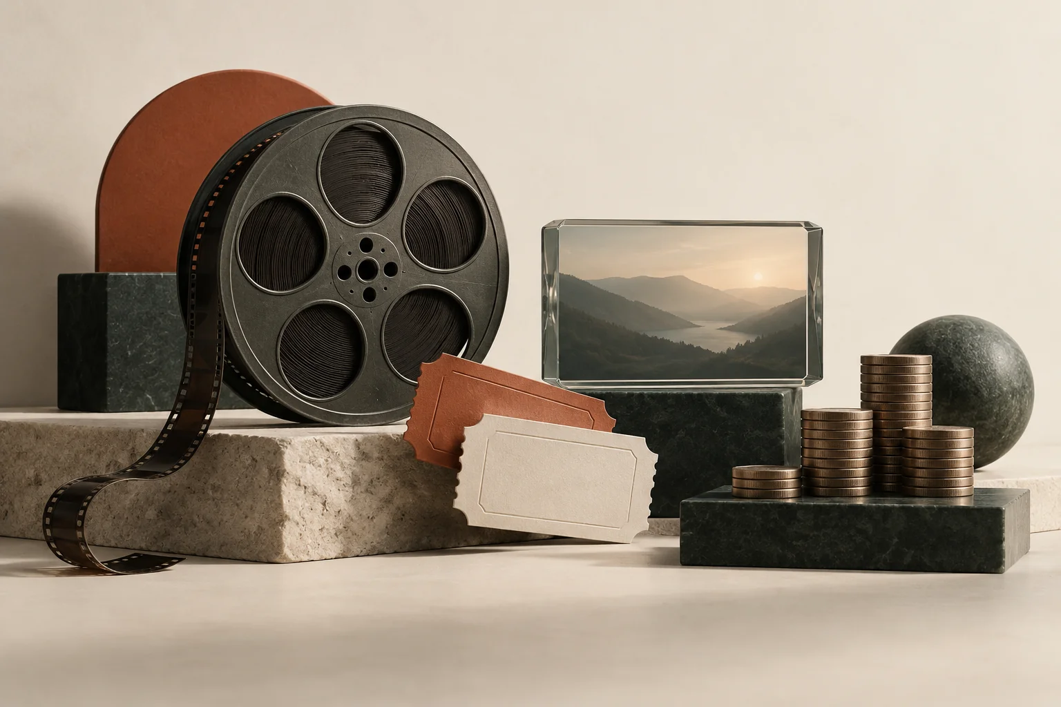 Film reel, tickets, screen and coins